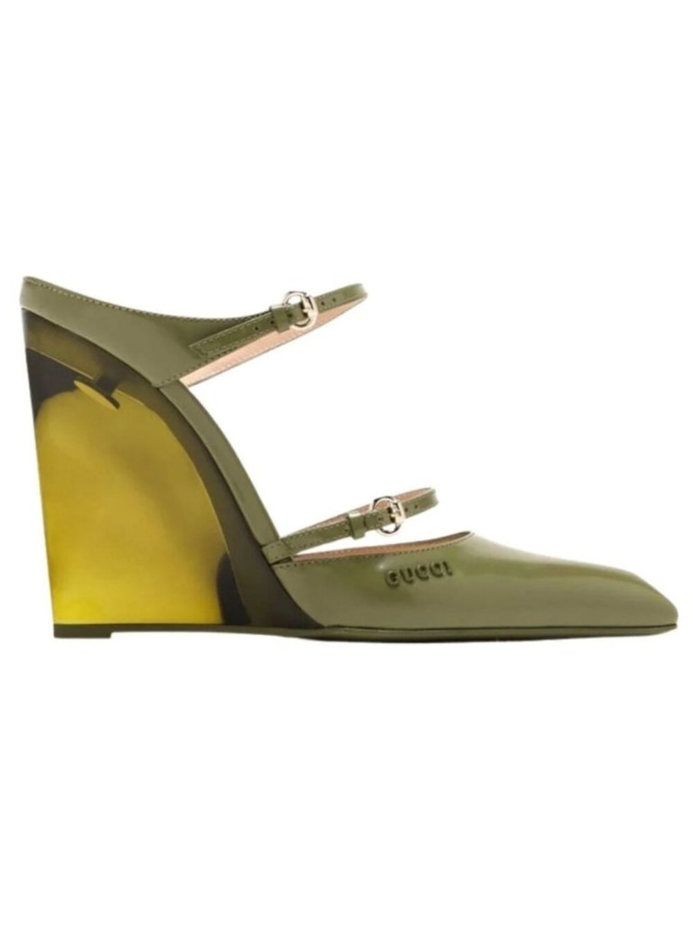 GUCCI Christy 110 Wedge Mules Transparent Sabot Heels Green Size 35